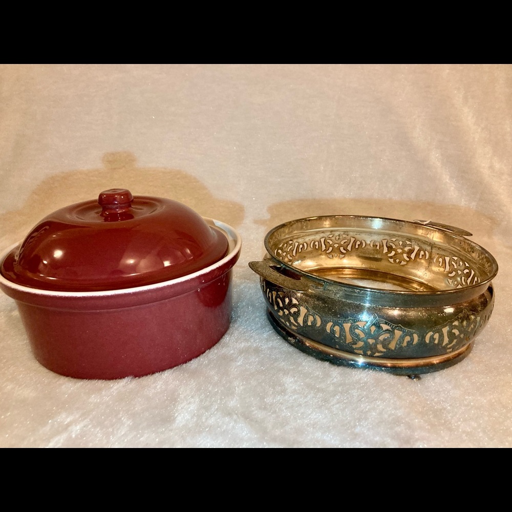 Vintage casserole dish with lid and silver plated holder